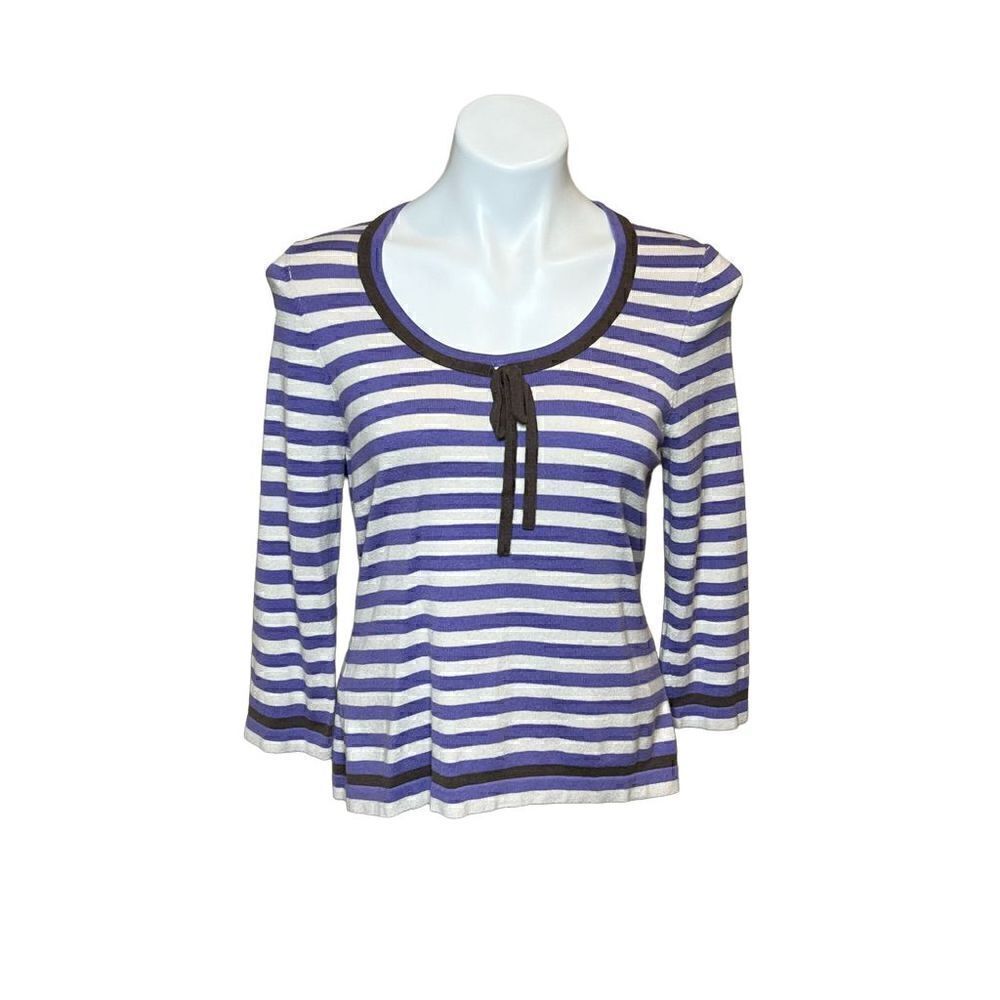 Boden purple and gray striped 3/4!sleeve sweater with neck tie size 12